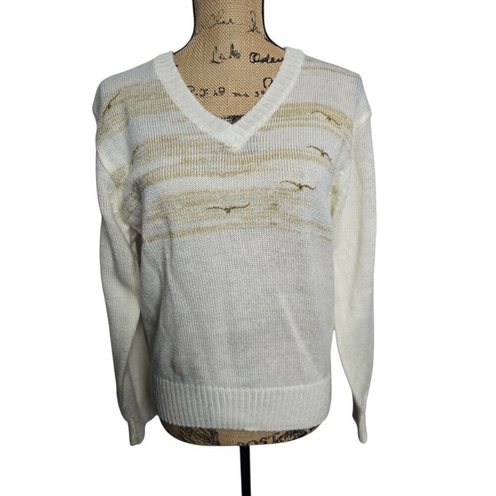 Vintage 80s Cream Gold V-neck Knit Sweater